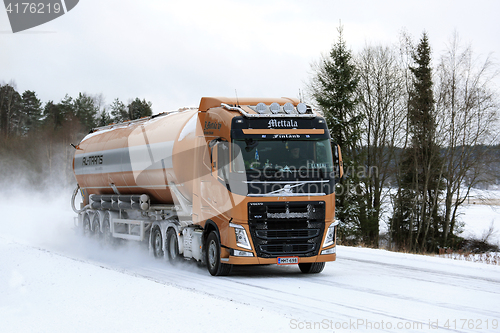 Image of Volvo FH Semi Tanker on Snowy Highway