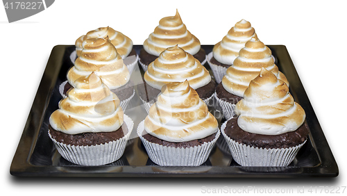 Image of Baked Chocolate Muffins In Bakeware, isolated on white backgroun