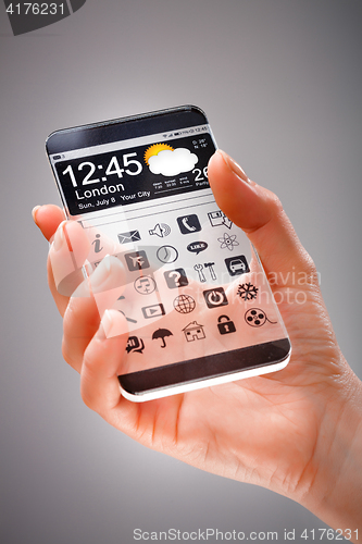 Image of Smartphone with transparent screen in human hands.