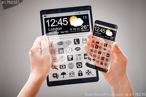 Image of Smartphone and tablet with transparent screen in human hands.