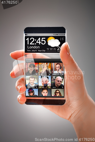 Image of Smartphone with transparent screen in human hands.