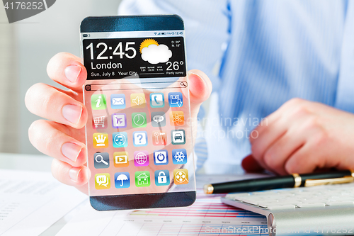 Image of Smartphone with transparent screen in human hands.