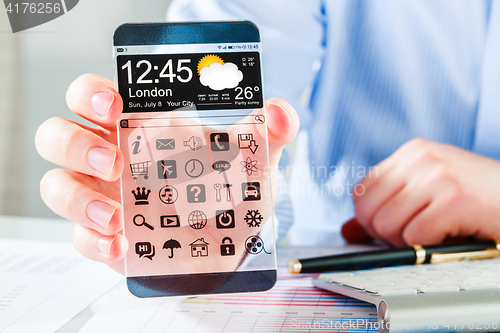 Image of Smartphone with transparent screen in human hands.