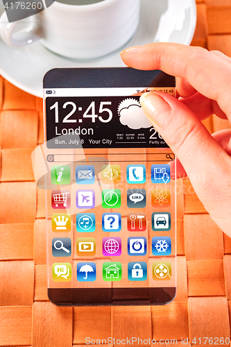 Image of Smartphone with transparent screen in human hands.