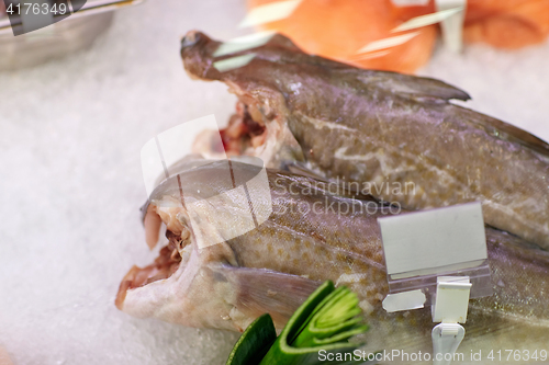 Image of fresh fish on ice at grocery stall