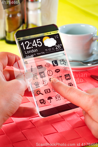 Image of Smartphone with transparent screen in human hands.