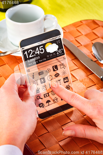 Image of Smartphone with transparent screen in human hands.