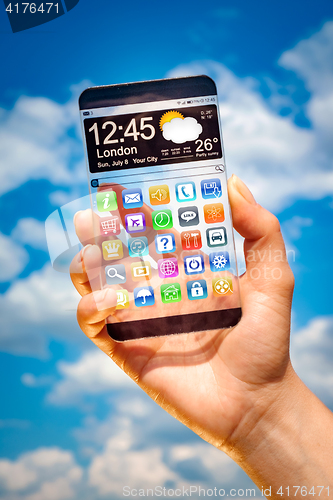 Image of Smartphone with transparent screen in human hands.