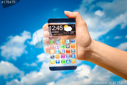 Image of Smartphone with transparent screen in human hands.