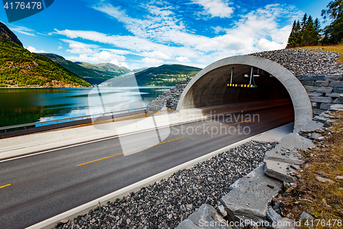 Image of Mountain road in Norway. The entrance to the tunnel.