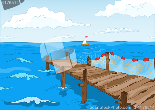 Image of Cartoon background of blue sea with pier.