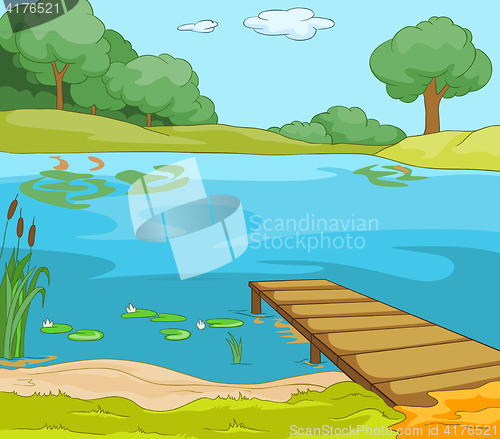 Image of Cartoon background of forest lake with pier.