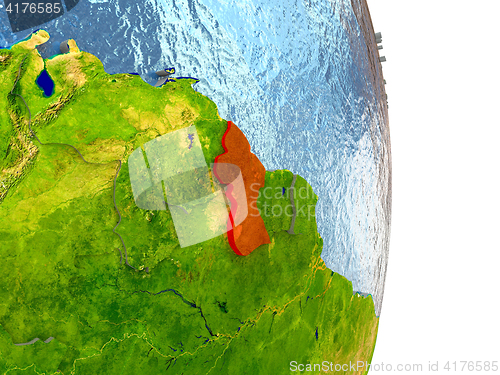 Image of Guyana in red on Earth