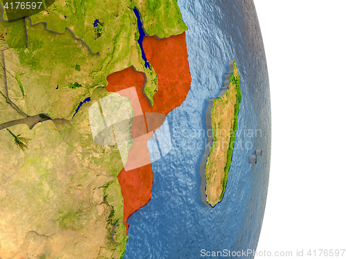 Image of Mozambique in red on Earth