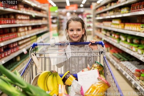 Image of girl with food in shopping cart at grocery store