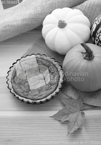 Image of Mini pumpkin pie with fall gourds