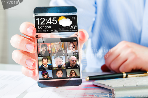 Image of Smartphone with transparent screen in human hands.