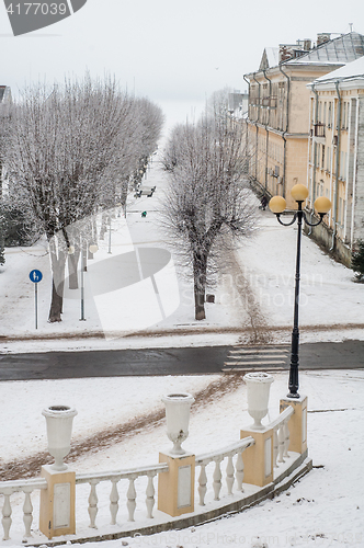 Image of City park in the winter, the trees covered with hoarfrost