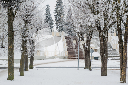 Image of City park in the winter, the trees covered with hoarfrost