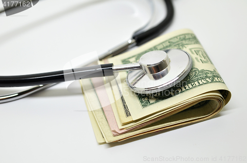 Image of Stethoscope sitting on US dollar bills