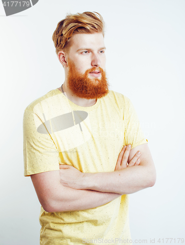 Image of young handsome hipster ginger bearded guy looking brutal isolated on white background, lifestyle people concept 