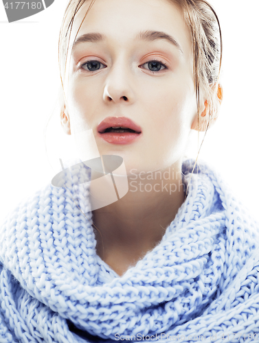 Image of beauty young blond woman in scarf with weathered lips close up i