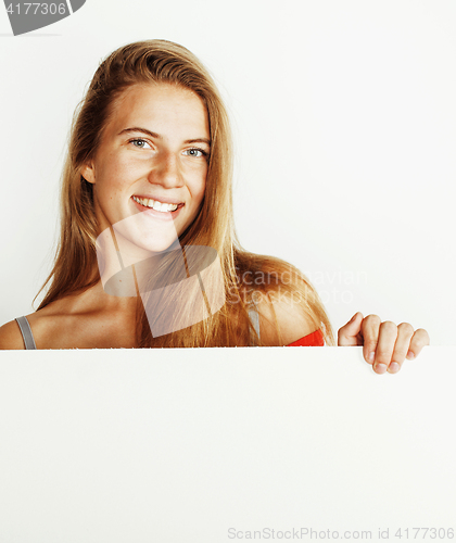 Image of young pretty blonde girl with placard on white background half n