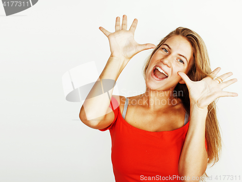 Image of young pretty teenage hipster girl posing emotional happy smiling
