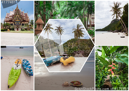 Image of Beach on the tropical island. Thailand. Flowers. Collage