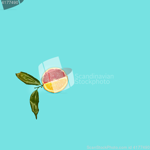 Image of Grapefruit and orange citrus fruit halves on blue