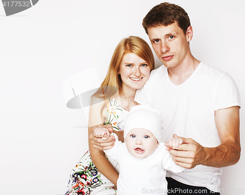 Image of young cute happy modern family, mother father son isolated on wh