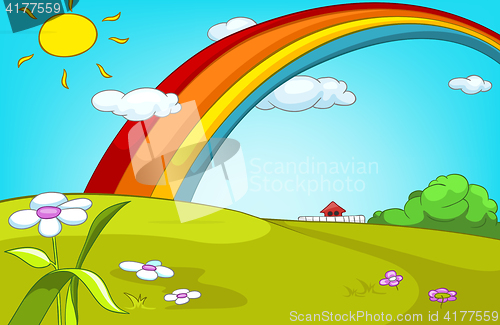 Image of Cartoon background of summer glade with rainbow.
