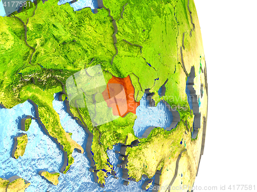 Image of Romania in red on Earth