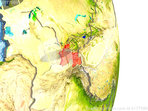 Image of Tajikistan in red on Earth