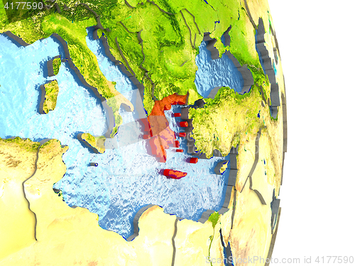 Image of Greece in red on Earth