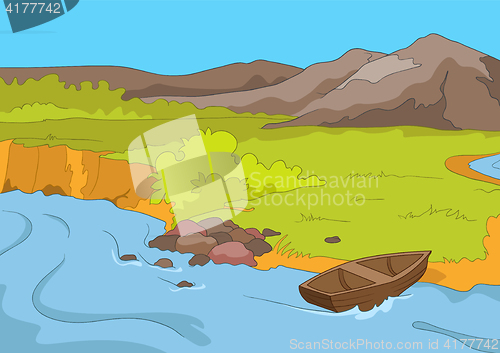 Image of Cartoon background of mountain lake.