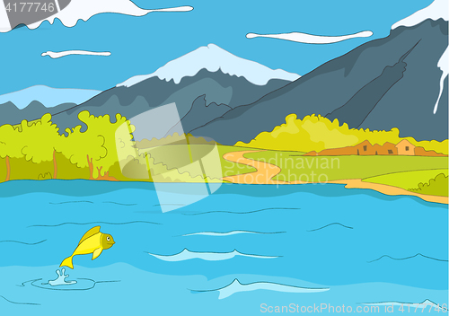 Image of Cartoon background of mountain lake.