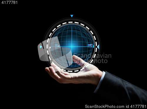 Image of close up of businessman hand with hologram