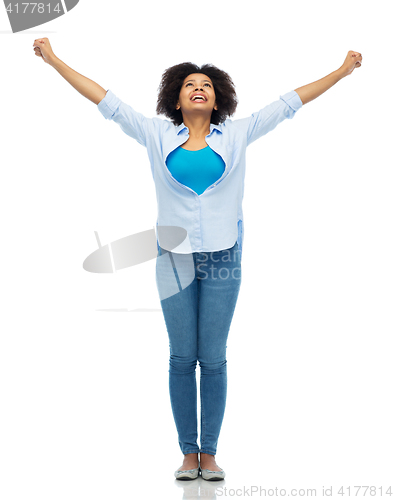 Image of happy african american young woman over white