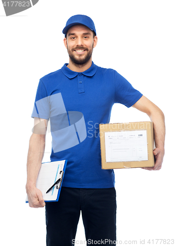 Image of happy delivery man with parcel box and clipboard