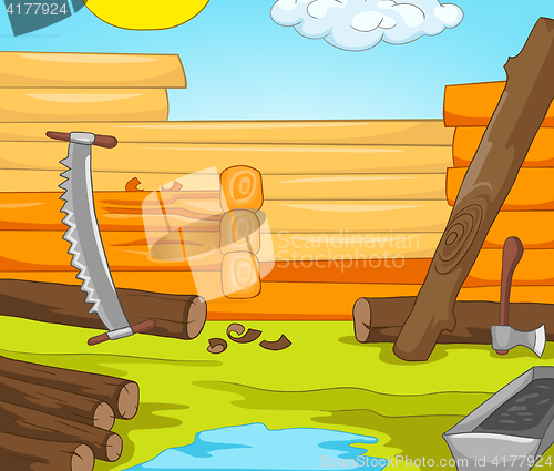 Image of Cartoon background of rural house construction.