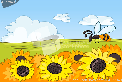 Image of Cartoon background of field with sunflowers.