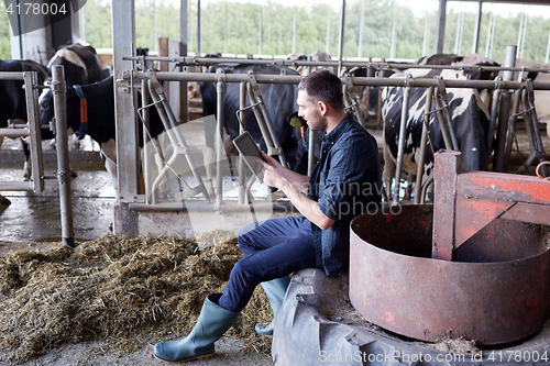 Image of young man with tablet pc and cows on dairy farm