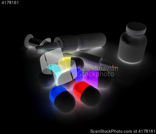 Image of Syringe, tablet, pill jar. 3D illustration