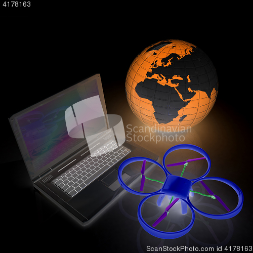 Image of Drone or quadrocopter with camera with laptop. Network, online, 