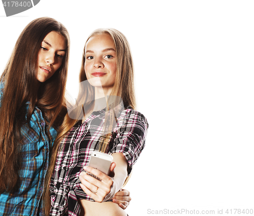 Image of cute teenage girls making selfie isolated