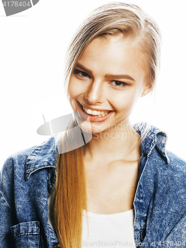 Image of young blond woman on white backgroung gesture thumbs up, isolate