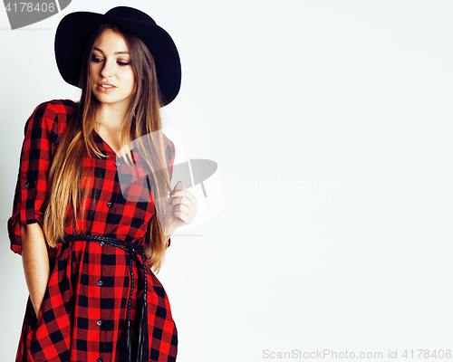 Image of young pretty stylish hipster girl posing emotional isolated on white background happy smiling cool smile, lifestyle people concept 