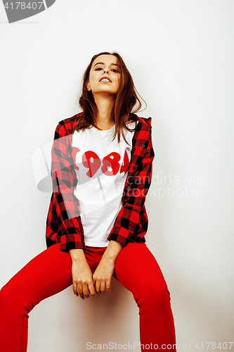Image of young pretty stylish hipster girl posing emotional isolated on white background happy smiling cool smile, lifestyle people concept 