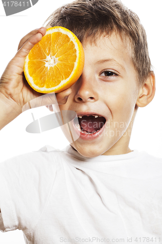 Image of little cute boy with orange fruit double isolated on white smili